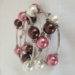 Silver Pearl Spiral Bracelet Pink White Brown